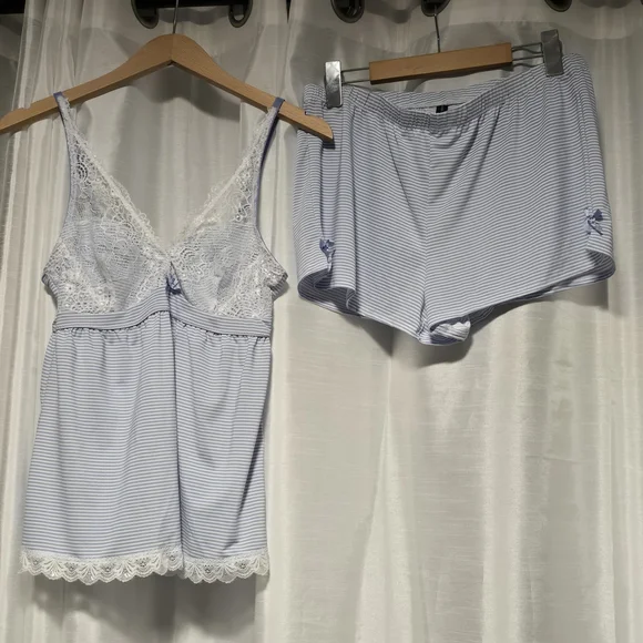 Laura Ashley Light Blue & White Striped Lace Cami and Shorts Pajama Set - Picture 1 of 4